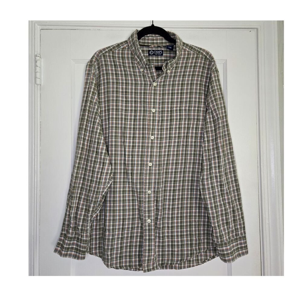 Chaps Cotton Polyester Plaid Long Sleeve Button-Up Shirt L Green White Orange